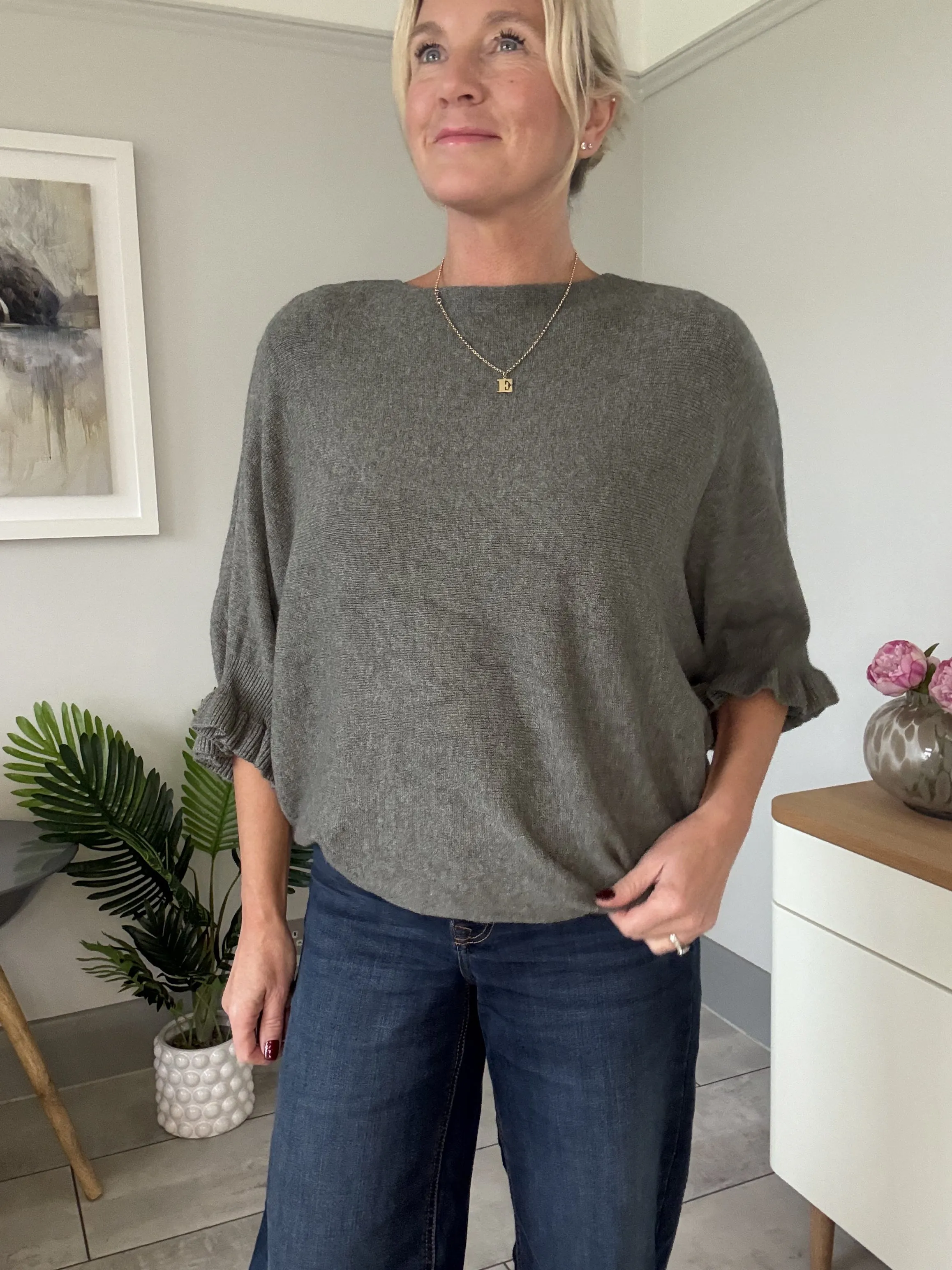 Navy Frill Sleeve Batwing Jumper