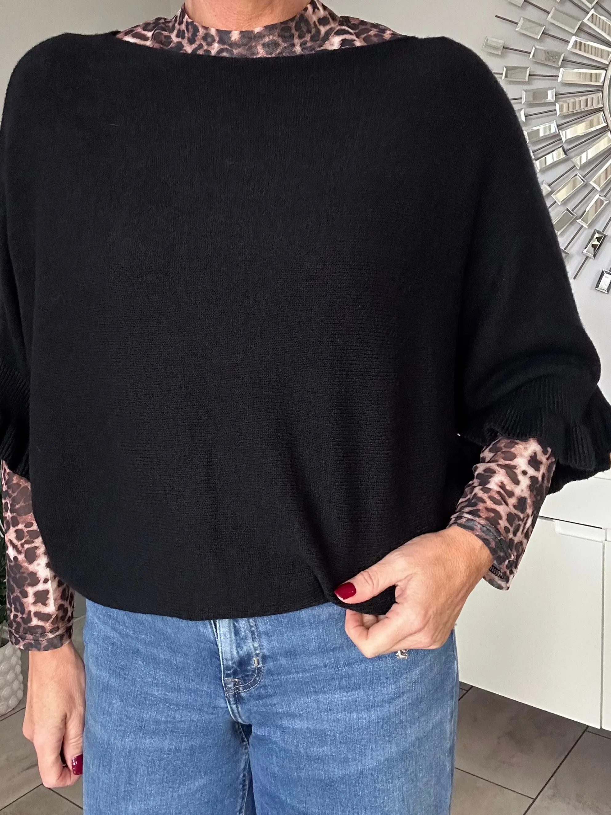 Navy Frill Sleeve Batwing Jumper