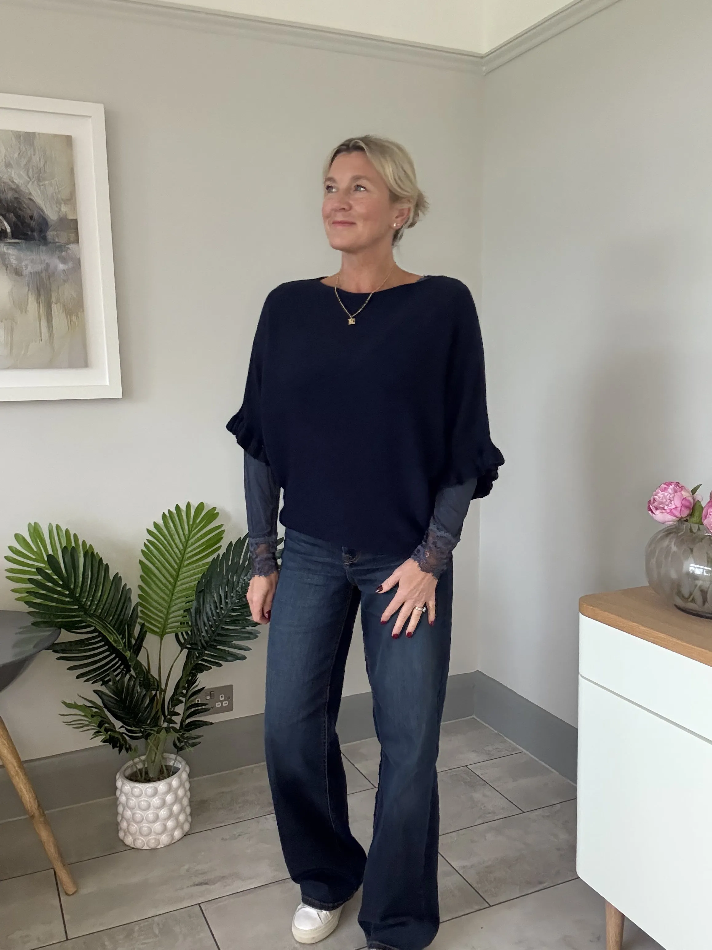 Navy Frill Sleeve Batwing Jumper