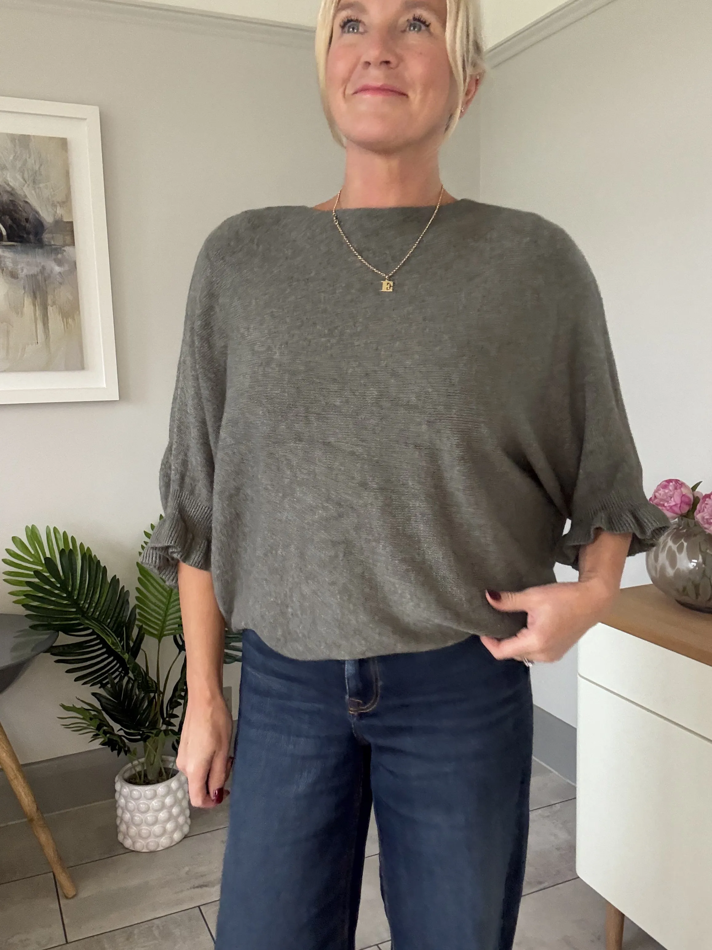 Navy Frill Sleeve Batwing Jumper