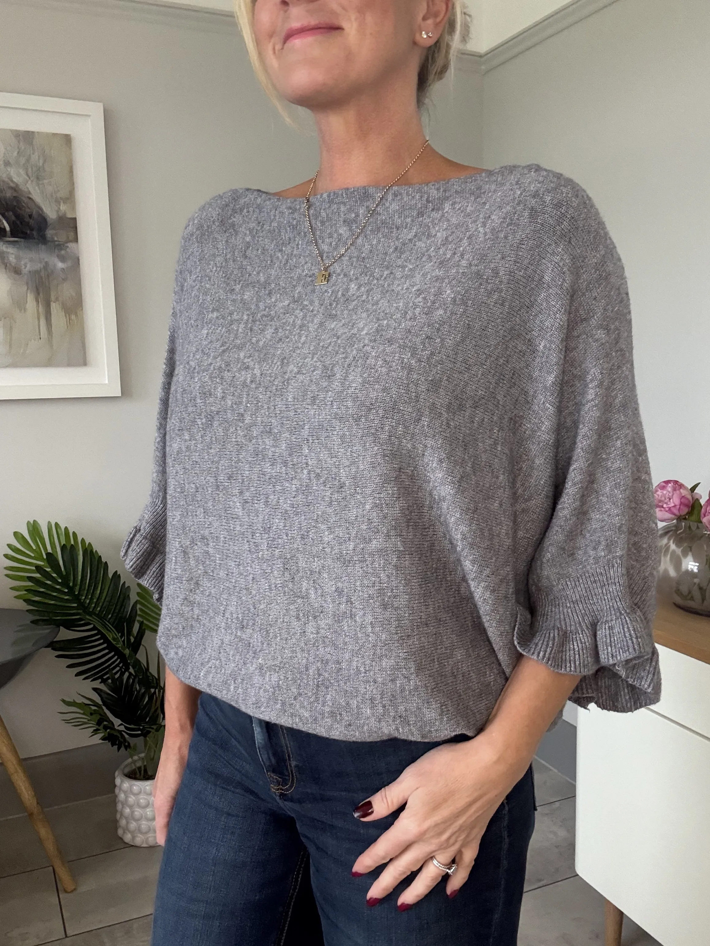 Navy Frill Sleeve Batwing Jumper