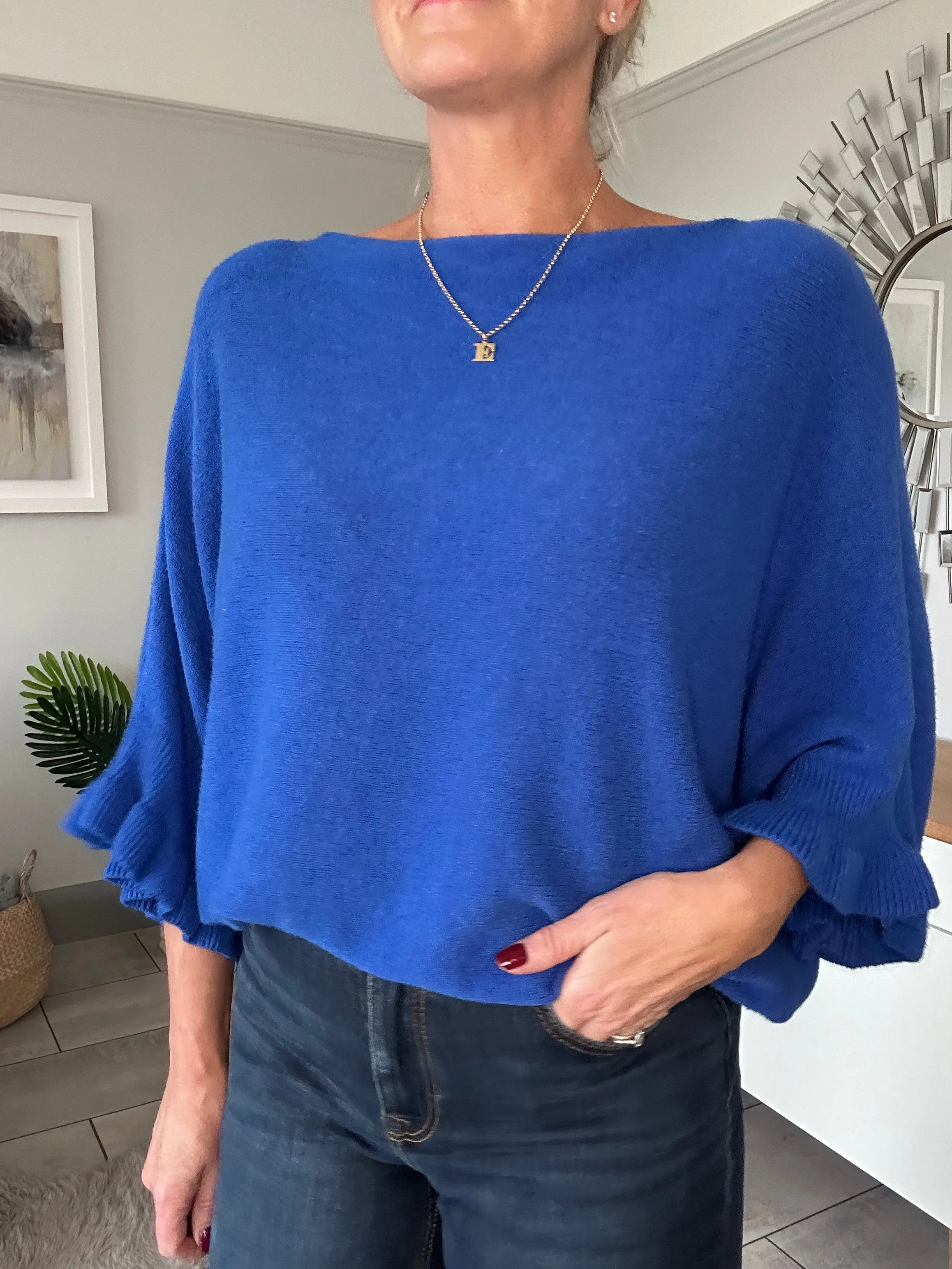 Navy Frill Sleeve Batwing Jumper