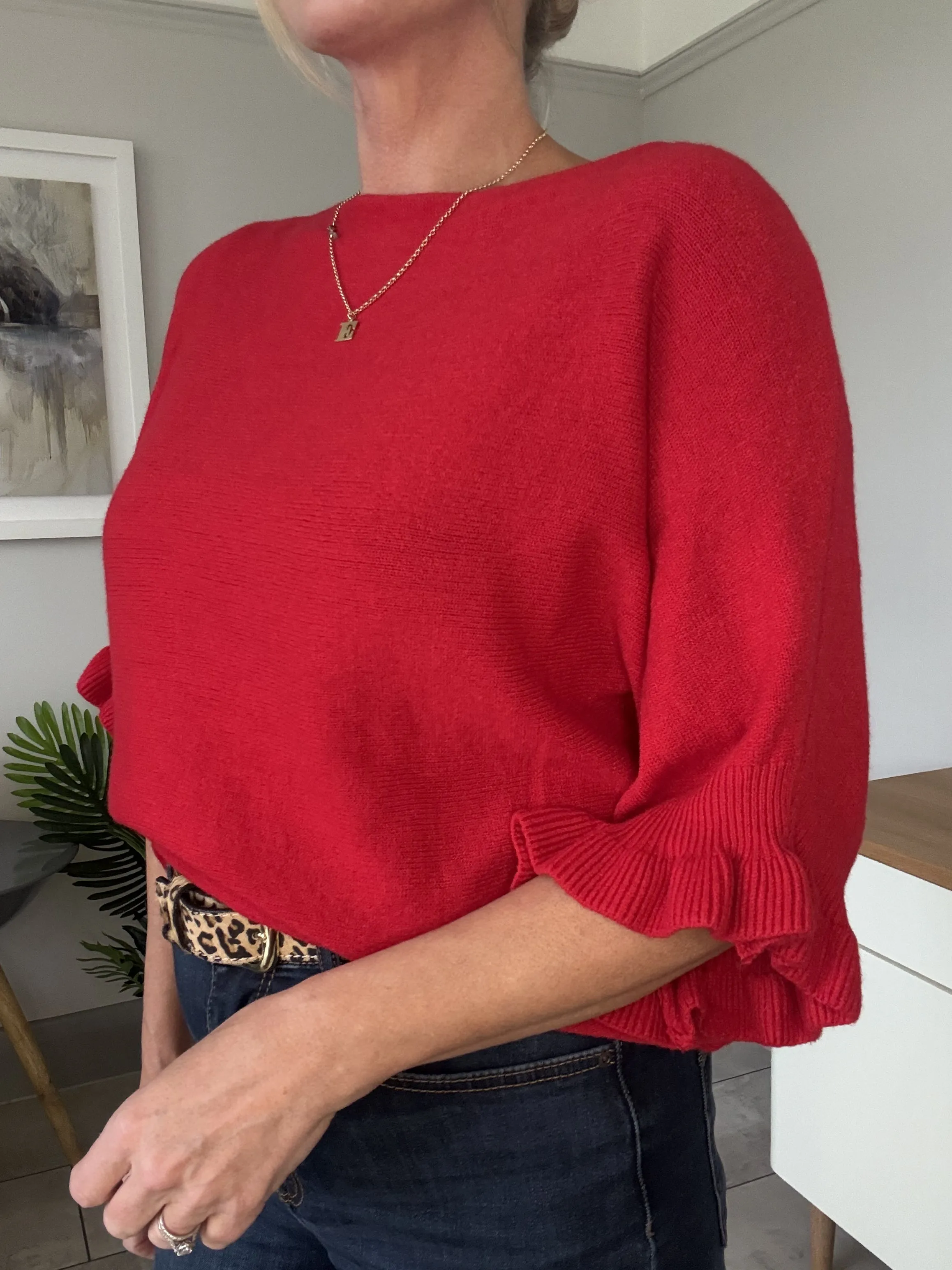 Navy Frill Sleeve Batwing Jumper