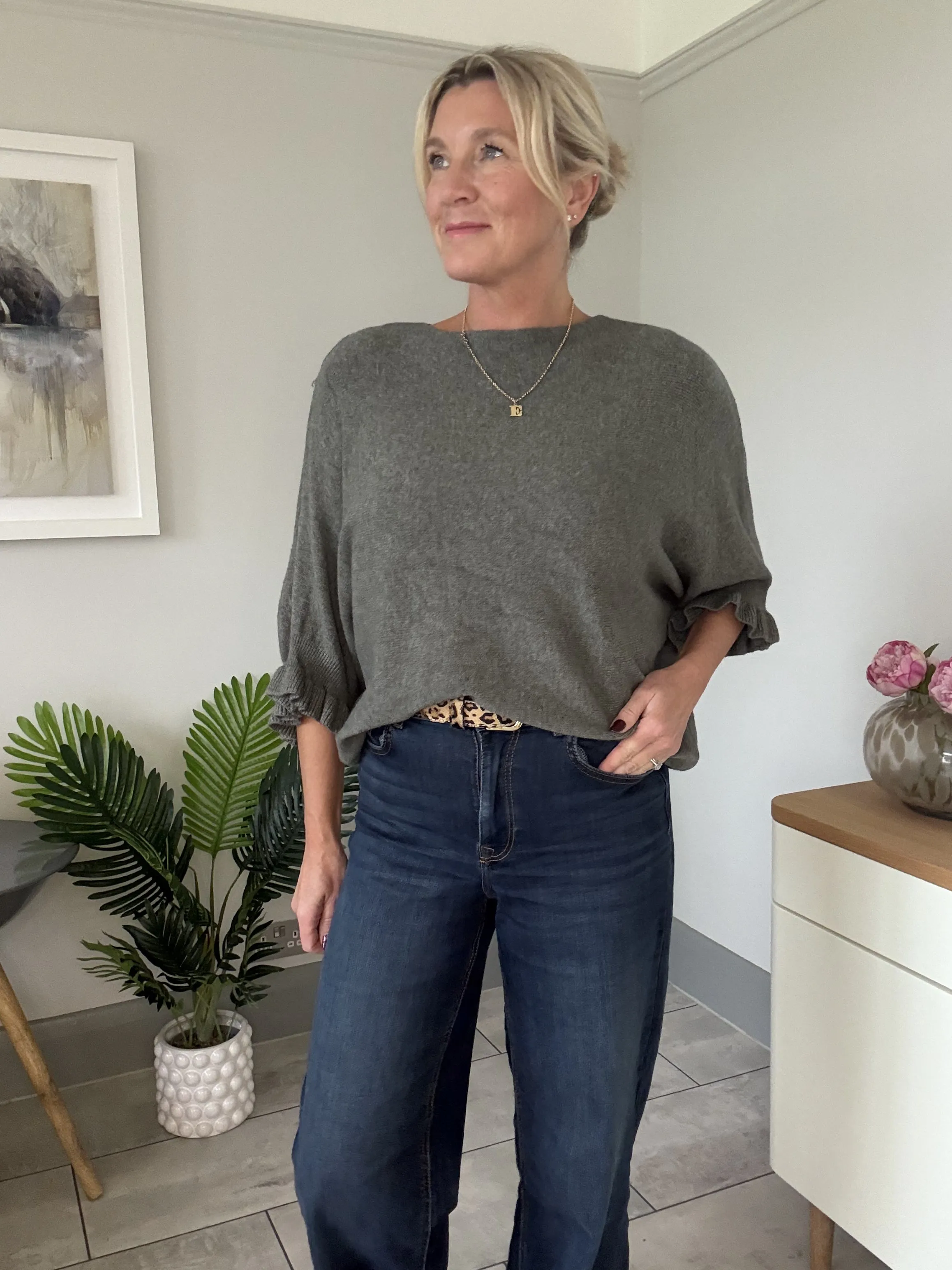 Navy Frill Sleeve Batwing Jumper