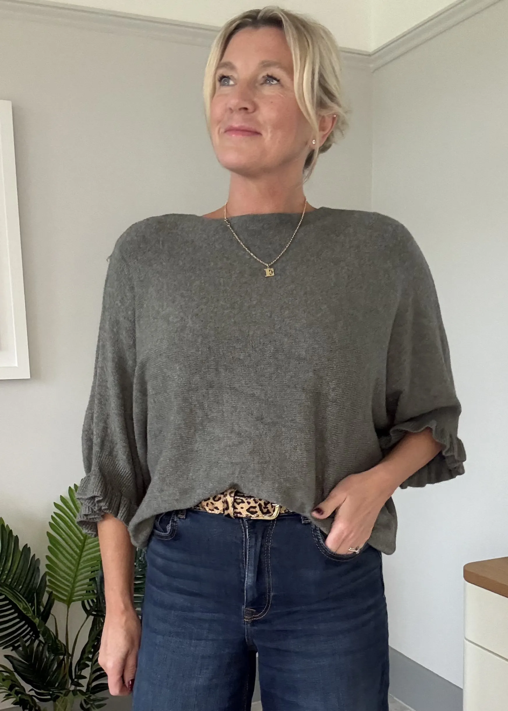 Navy Frill Sleeve Batwing Jumper