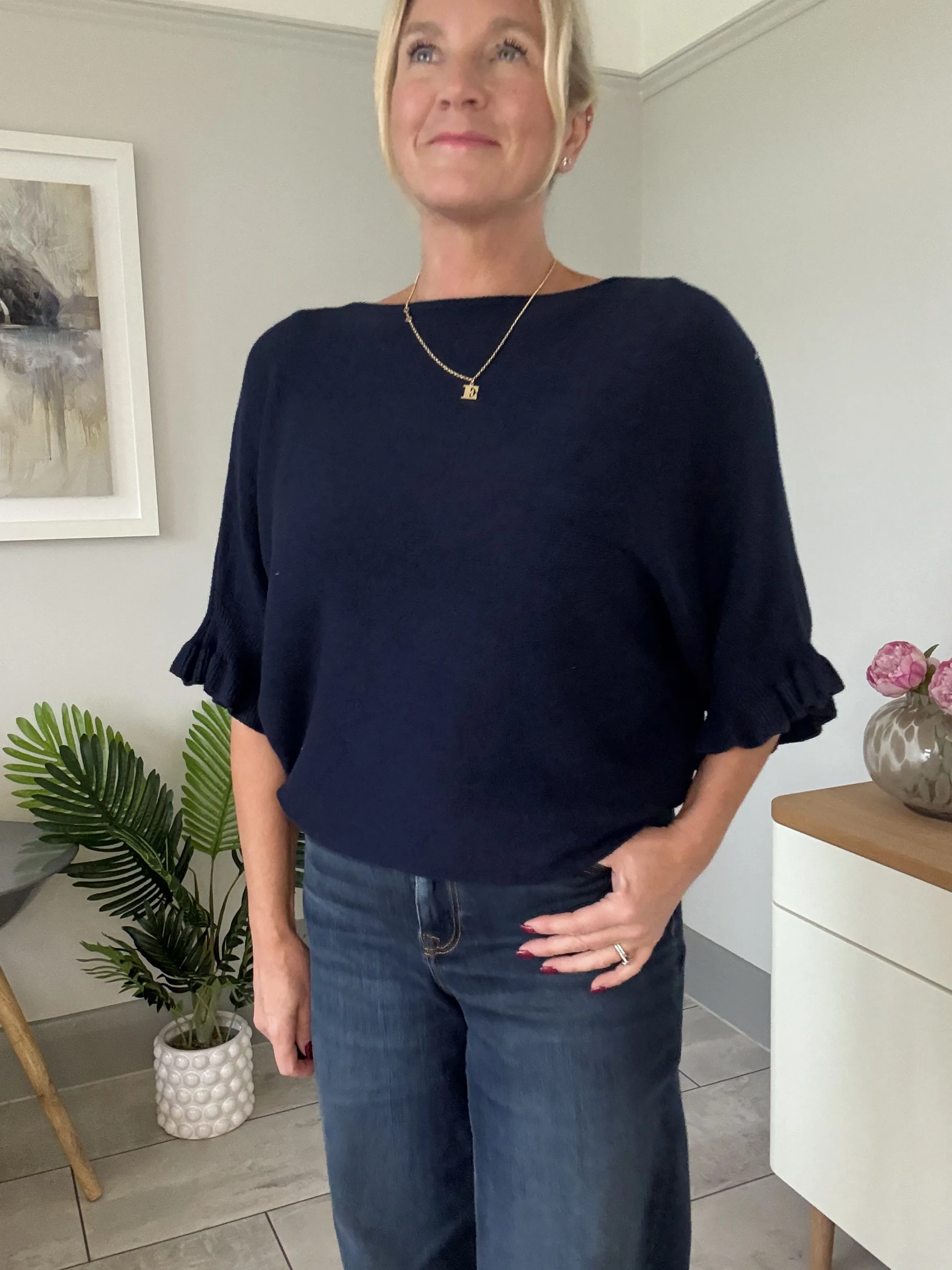 Navy Frill Sleeve Batwing Jumper