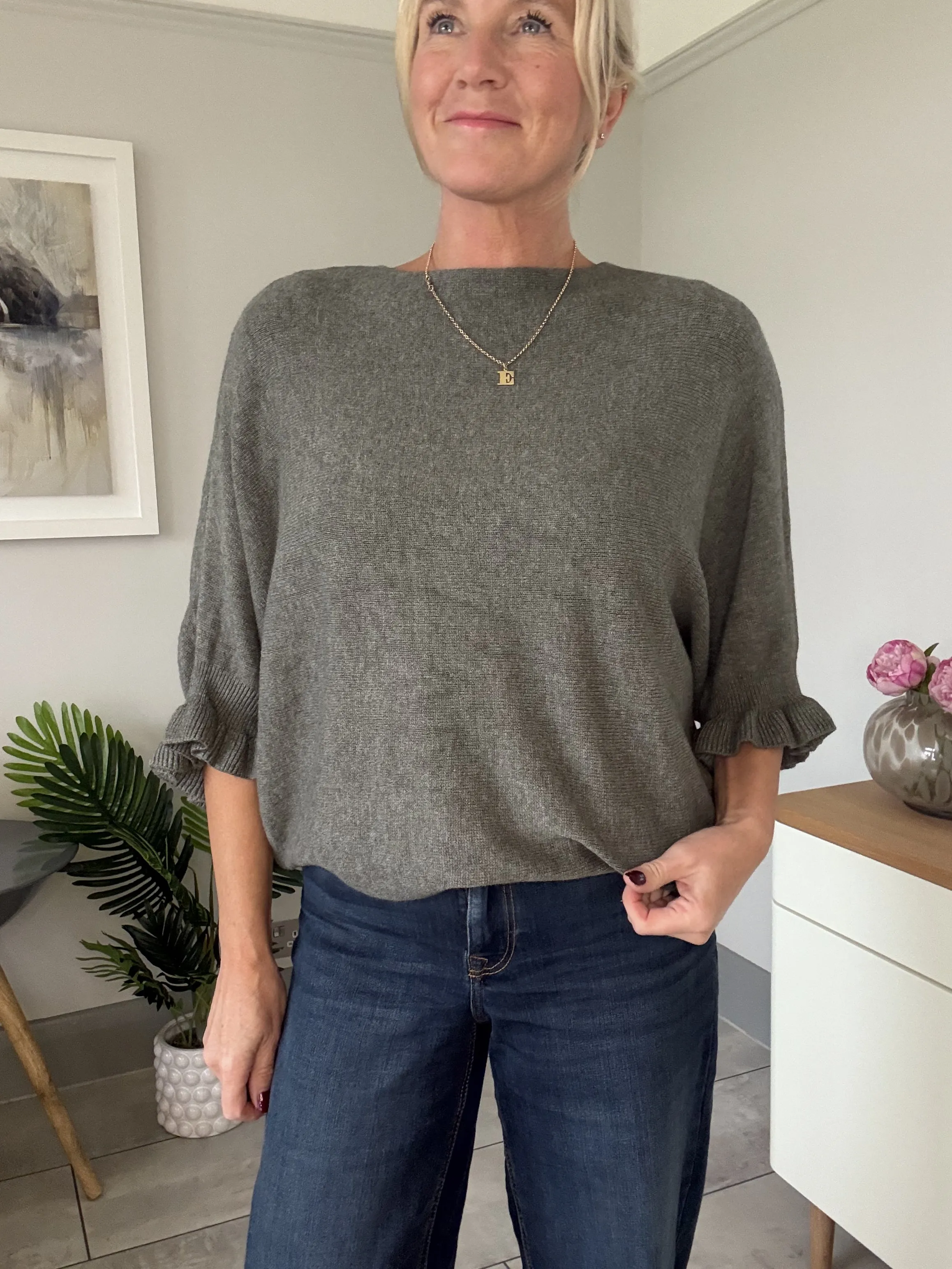 Navy Frill Sleeve Batwing Jumper