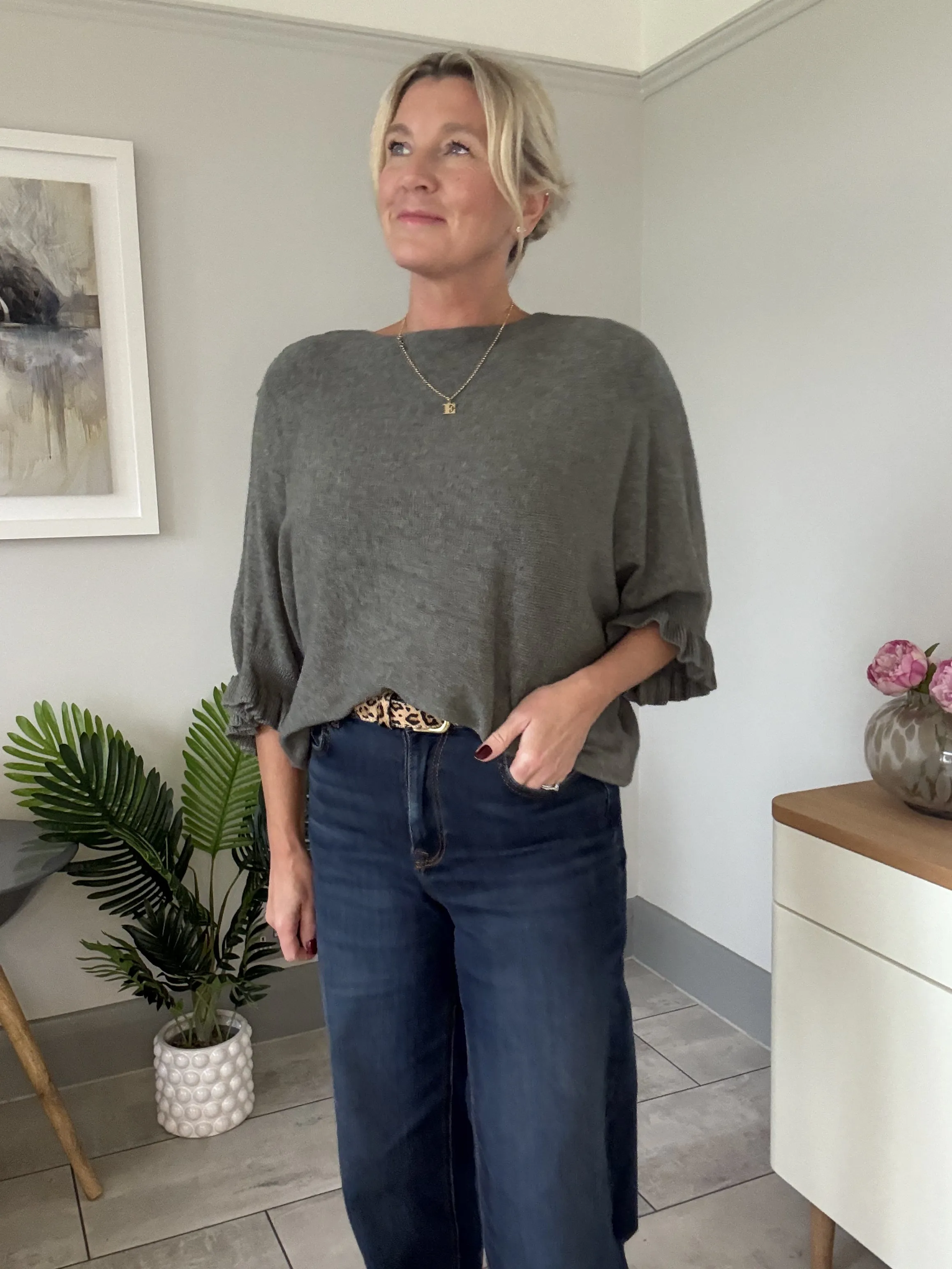 Navy Frill Sleeve Batwing Jumper