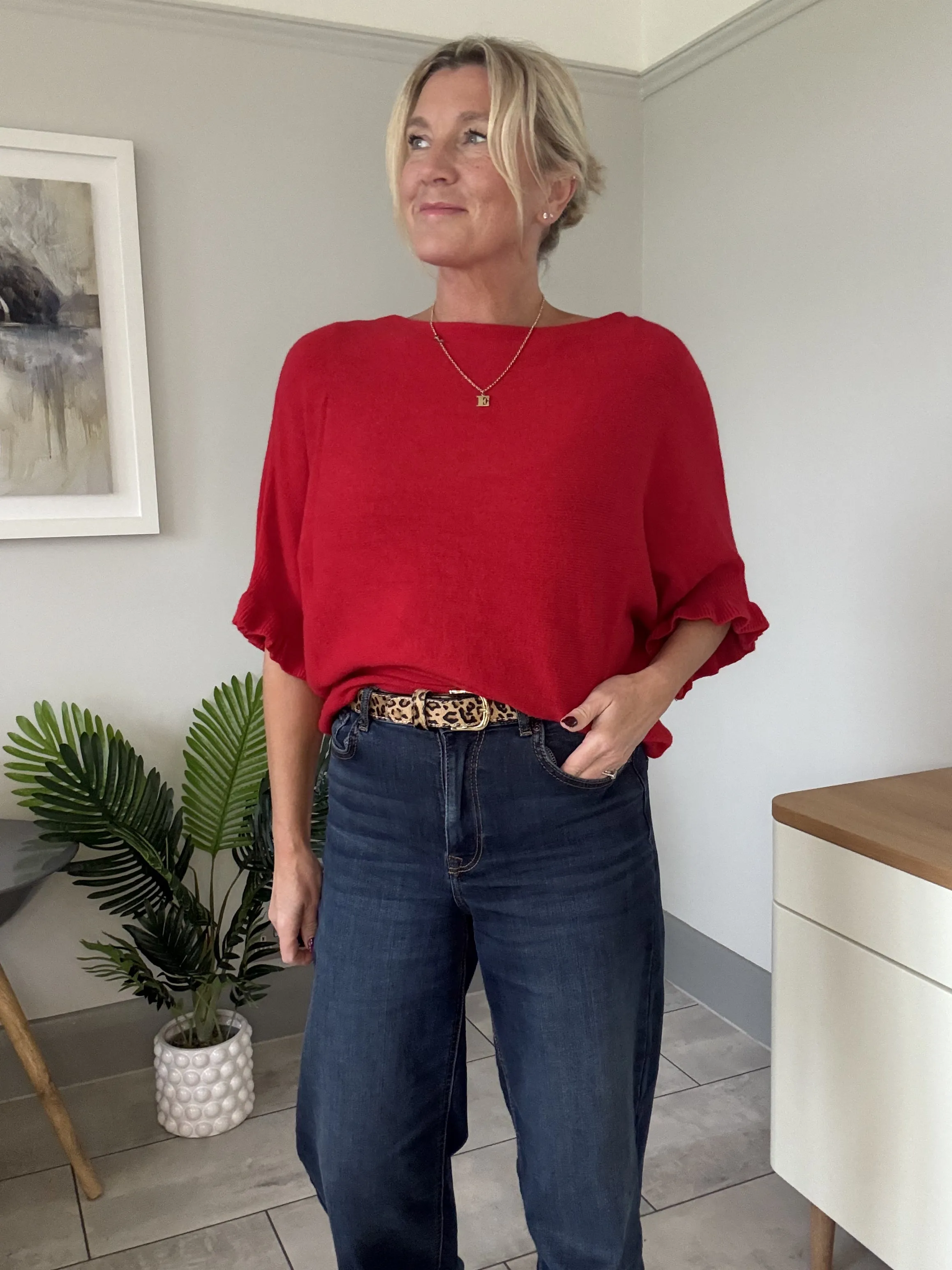 Navy Frill Sleeve Batwing Jumper