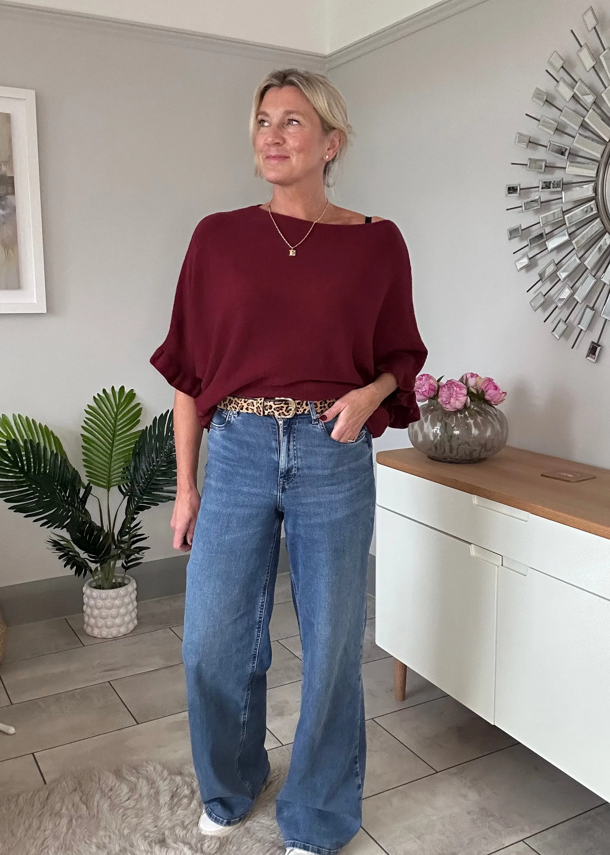 Navy Frill Sleeve Batwing Jumper