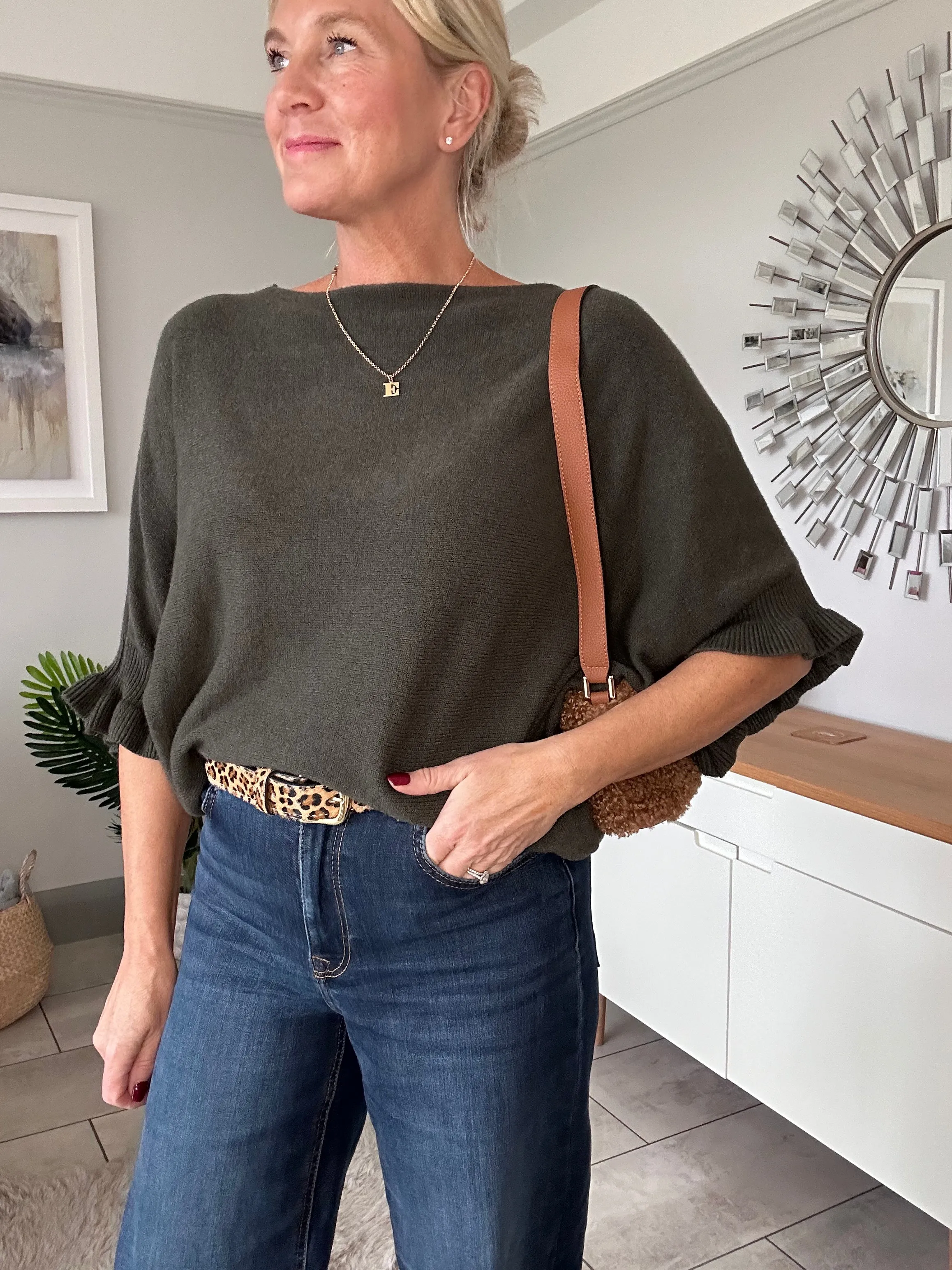 Navy Frill Sleeve Batwing Jumper