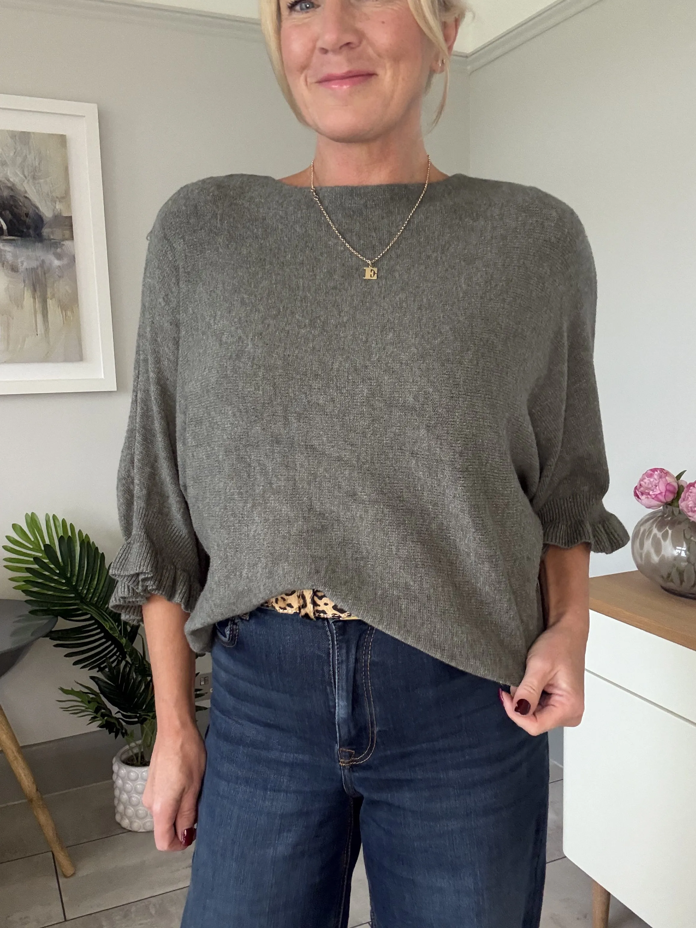 Navy Frill Sleeve Batwing Jumper