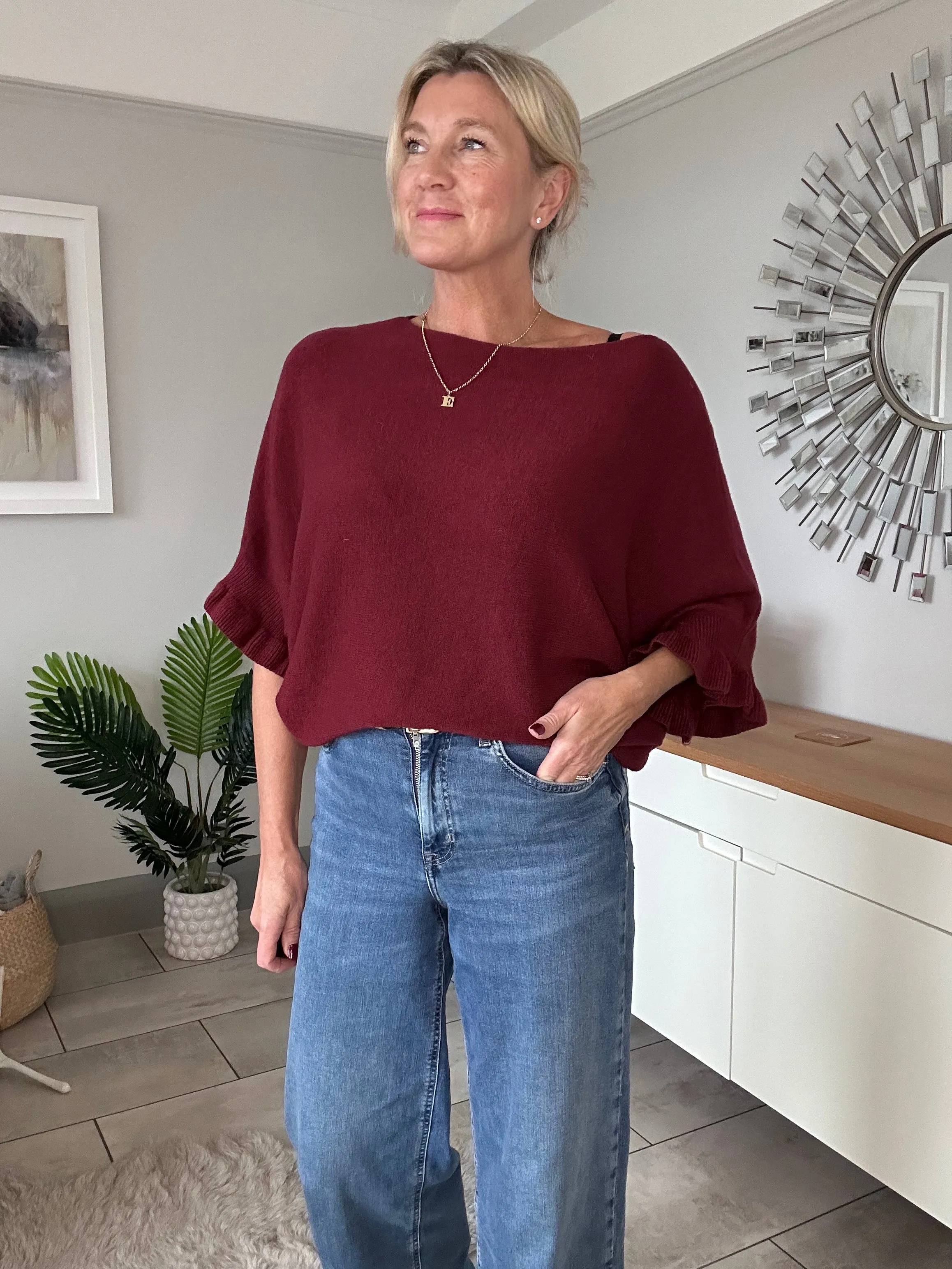 Navy Frill Sleeve Batwing Jumper