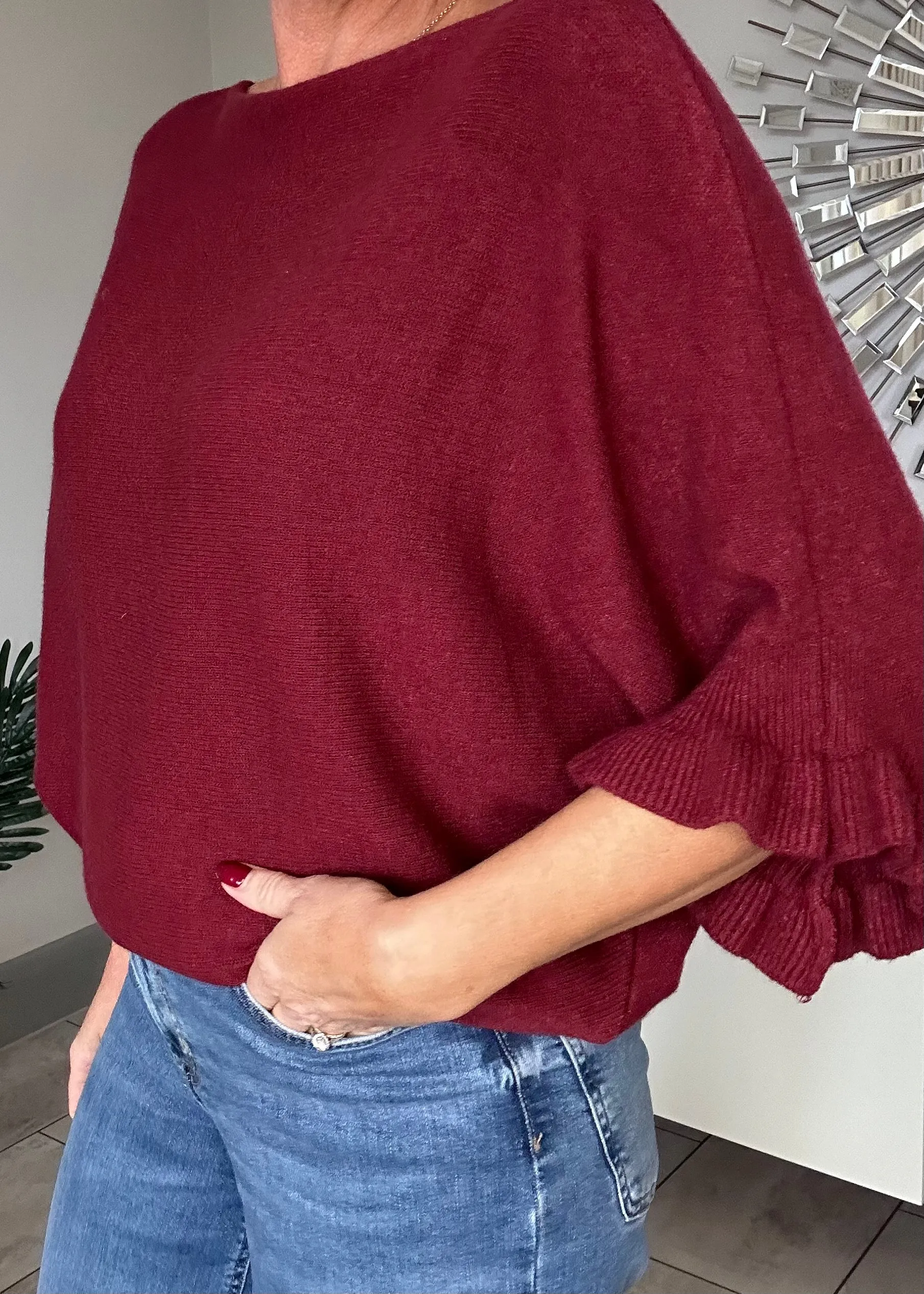 Navy Frill Sleeve Batwing Jumper