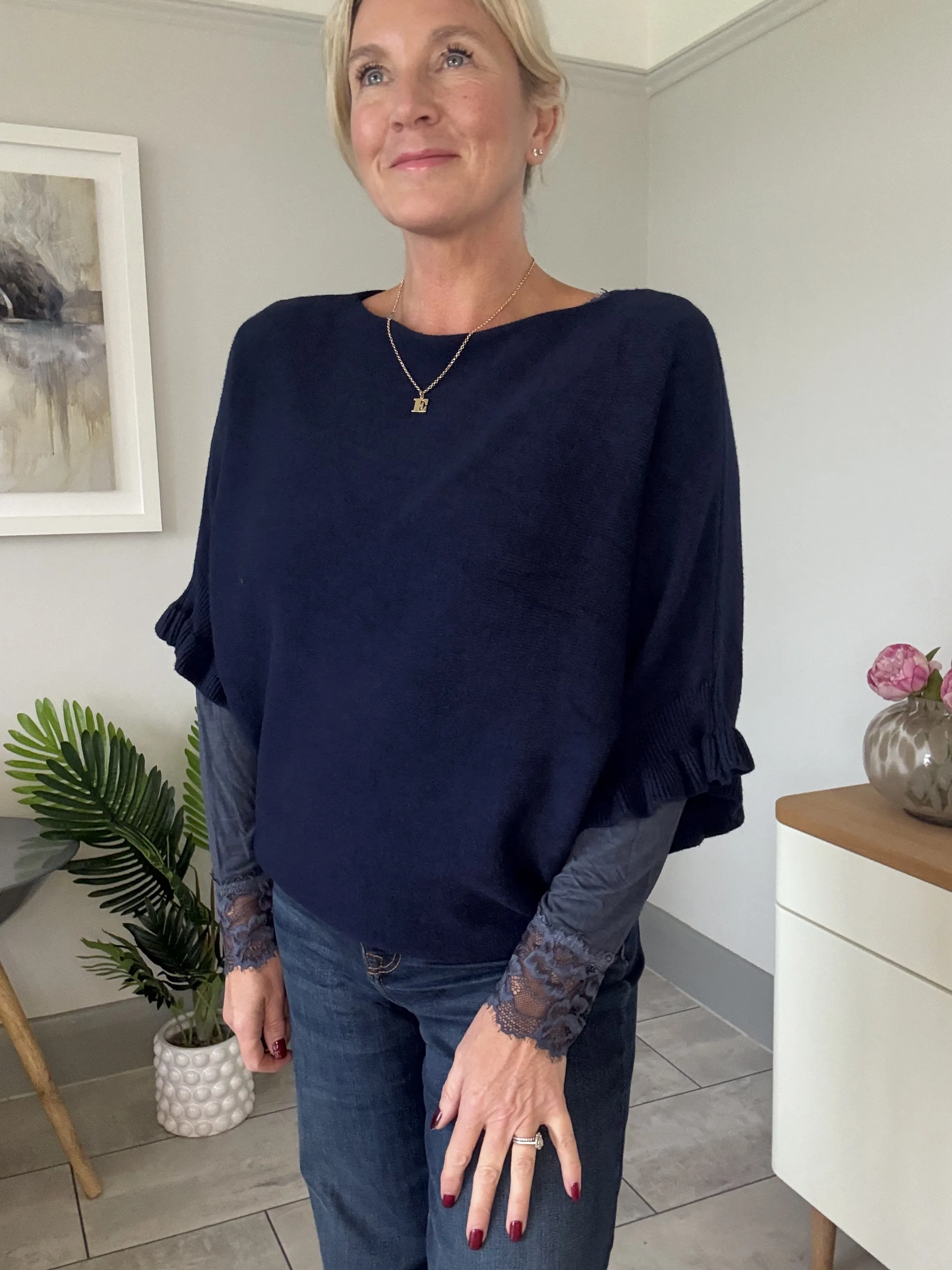 Navy Frill Sleeve Batwing Jumper