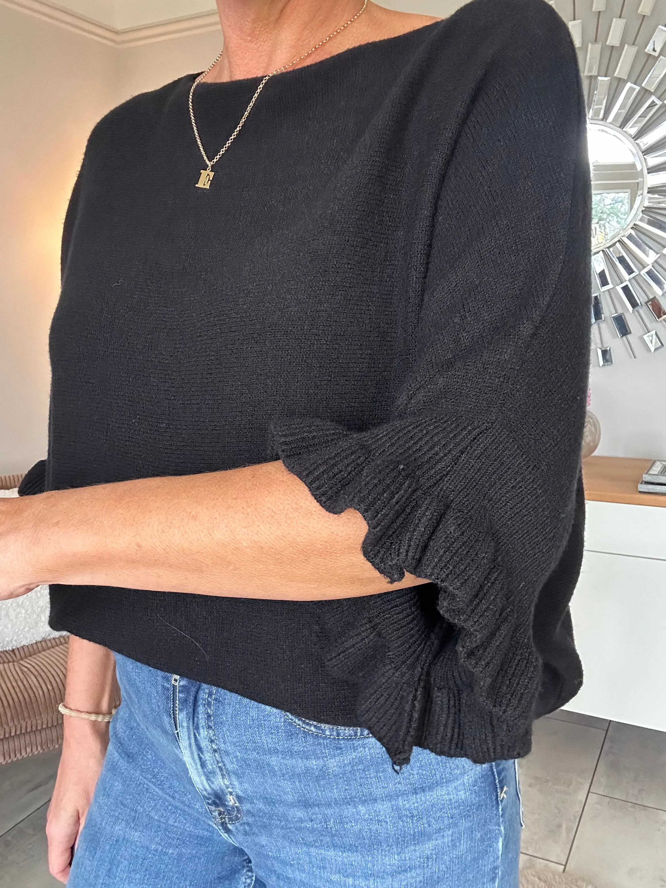 Navy Frill Sleeve Batwing Jumper