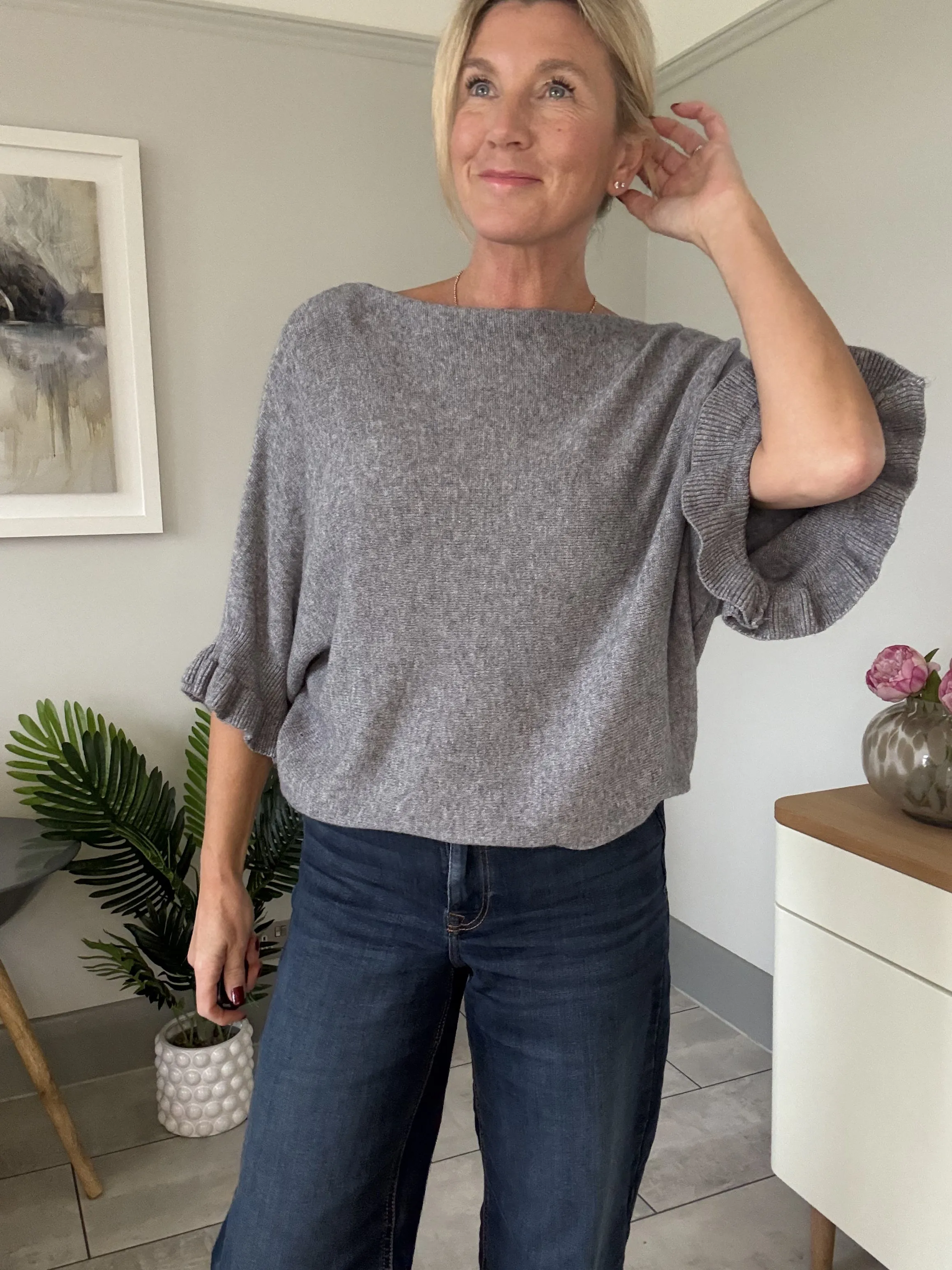 Navy Frill Sleeve Batwing Jumper