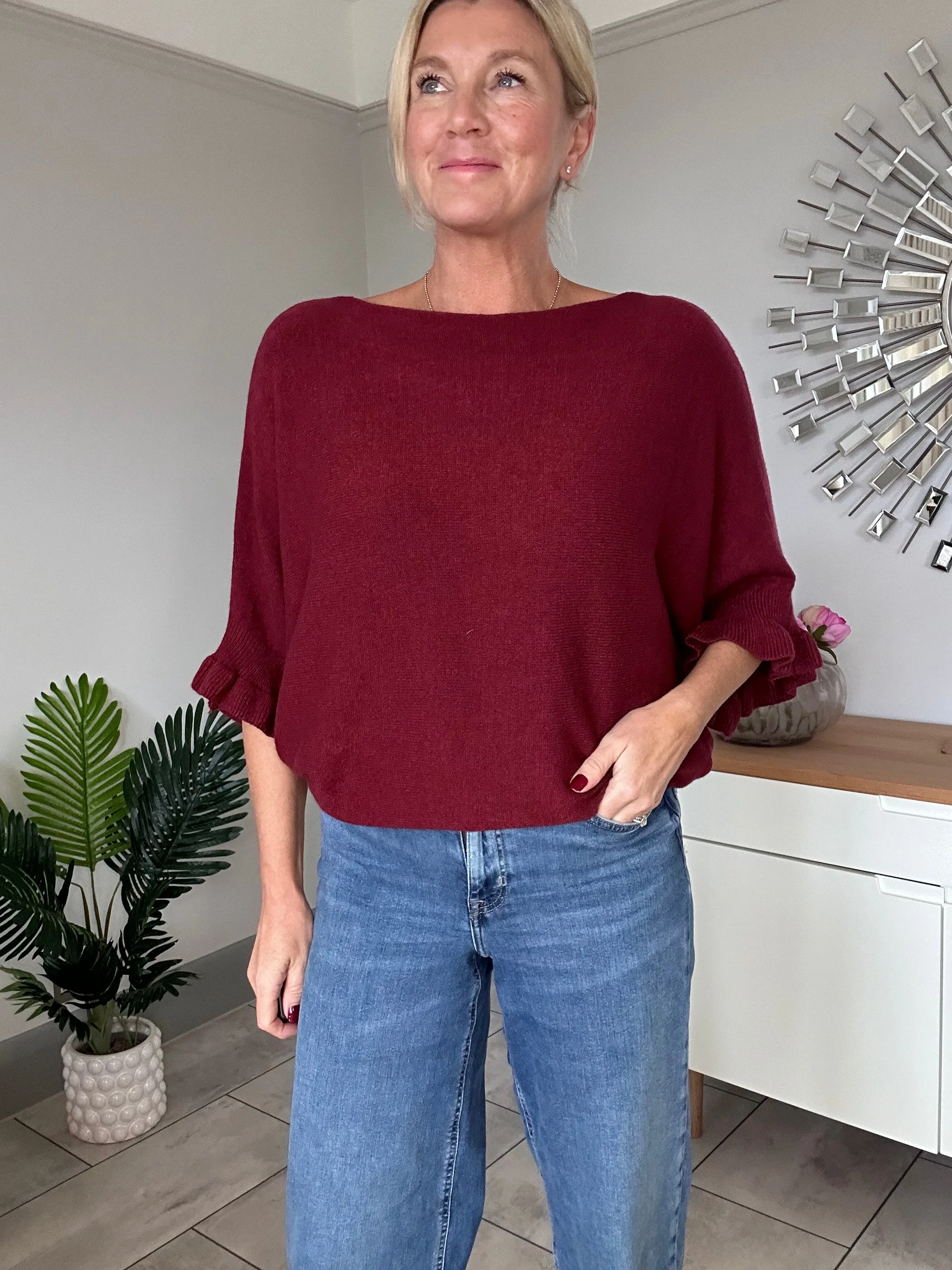 Navy Frill Sleeve Batwing Jumper