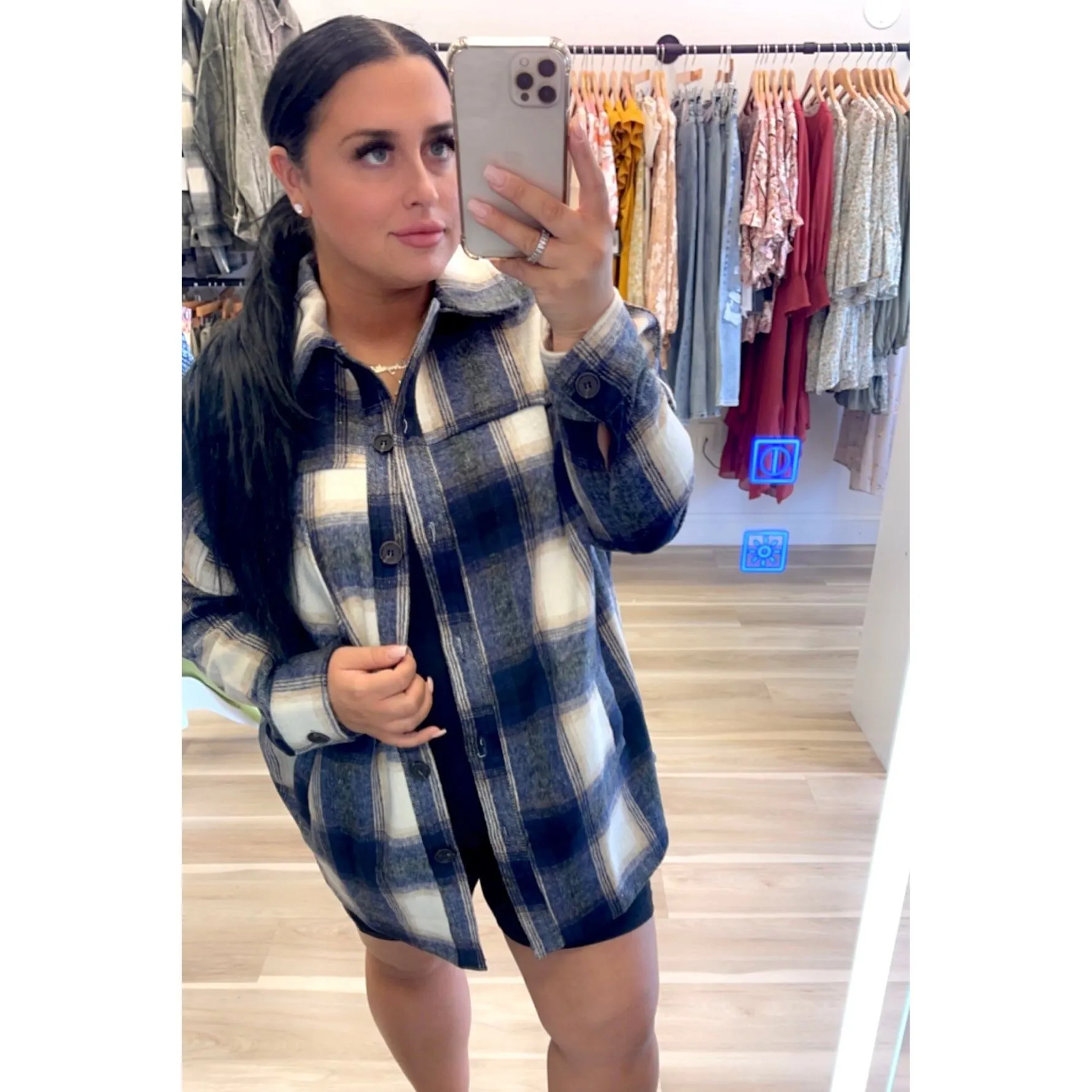 navy   tan plaid shacket
