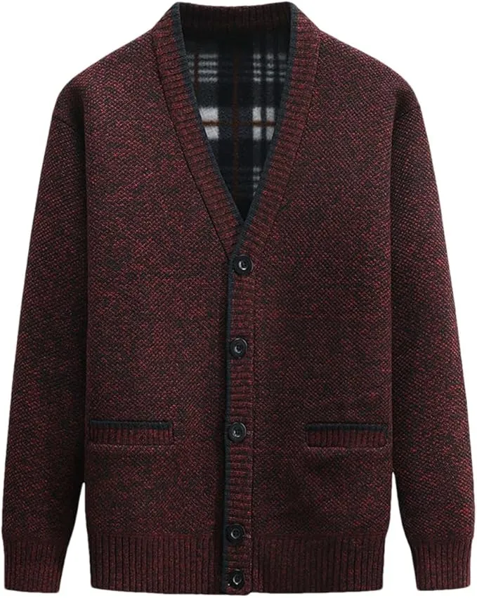 New Men's V Neck Cable Knit Sweater Solid Color Single Breasted Cardigan Thickened to Keep Warm, Burgundy, Fits L/XL! Retails $76 