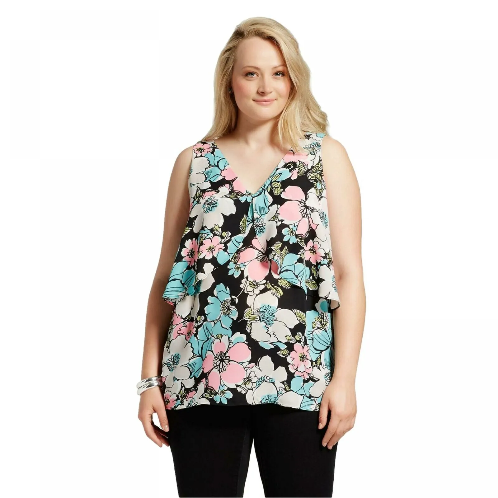 Notations Women's Plus Size Floral V-Neck Layered Tank Top Blouse