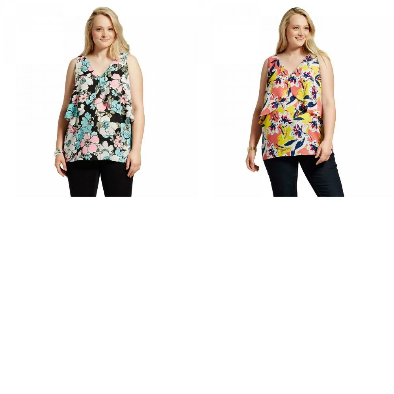 Notations Women's Plus Size Floral V-Neck Layered Tank Top Blouse
