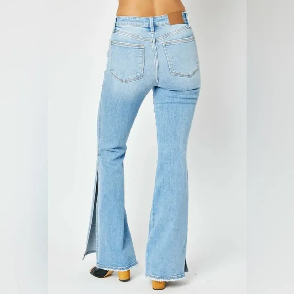 NWT Judy Blue Mid Rise Peek-a-Boo Slit Flare Jeans