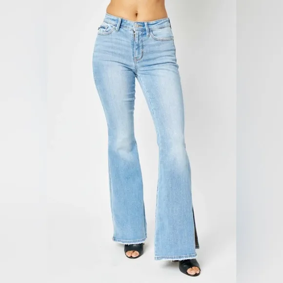 NWT Judy Blue Mid Rise Peek-a-Boo Slit Flare Jeans