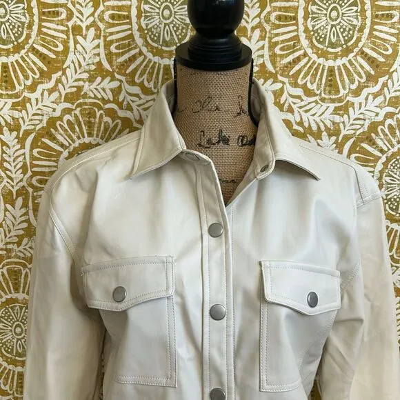 NWT JOE’S Faux Leather Long Sleeve Snap Shirt Jacket Shacket in Ecru size S $228
