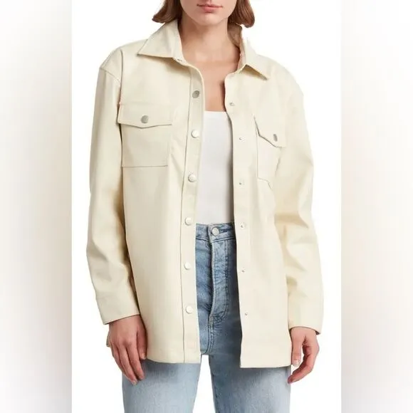NWT JOE’S Faux Leather Long Sleeve Snap Shirt Jacket Shacket in Ecru size S $228
