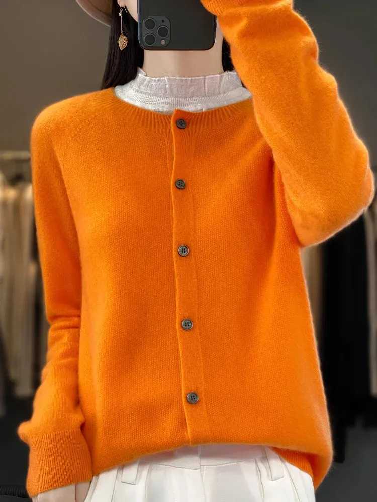 Obsidian Phoenix Women’s 100% Merino Wool Cardigan - O-Neck Cashmere Knit Sweater