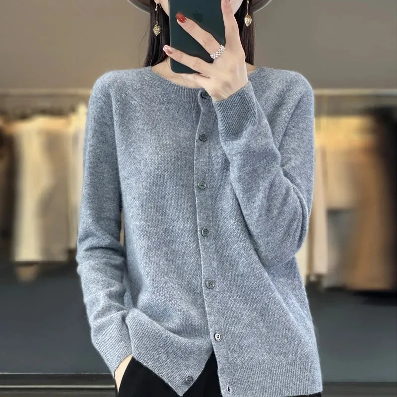 Obsidian Phoenix Women’s 100% Merino Wool Cardigan - O-Neck Cashmere Knit Sweater