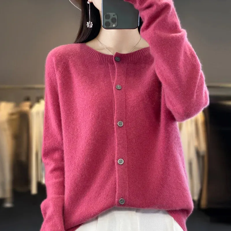 Obsidian Phoenix Women’s 100% Merino Wool Cardigan - O-Neck Cashmere Knit Sweater