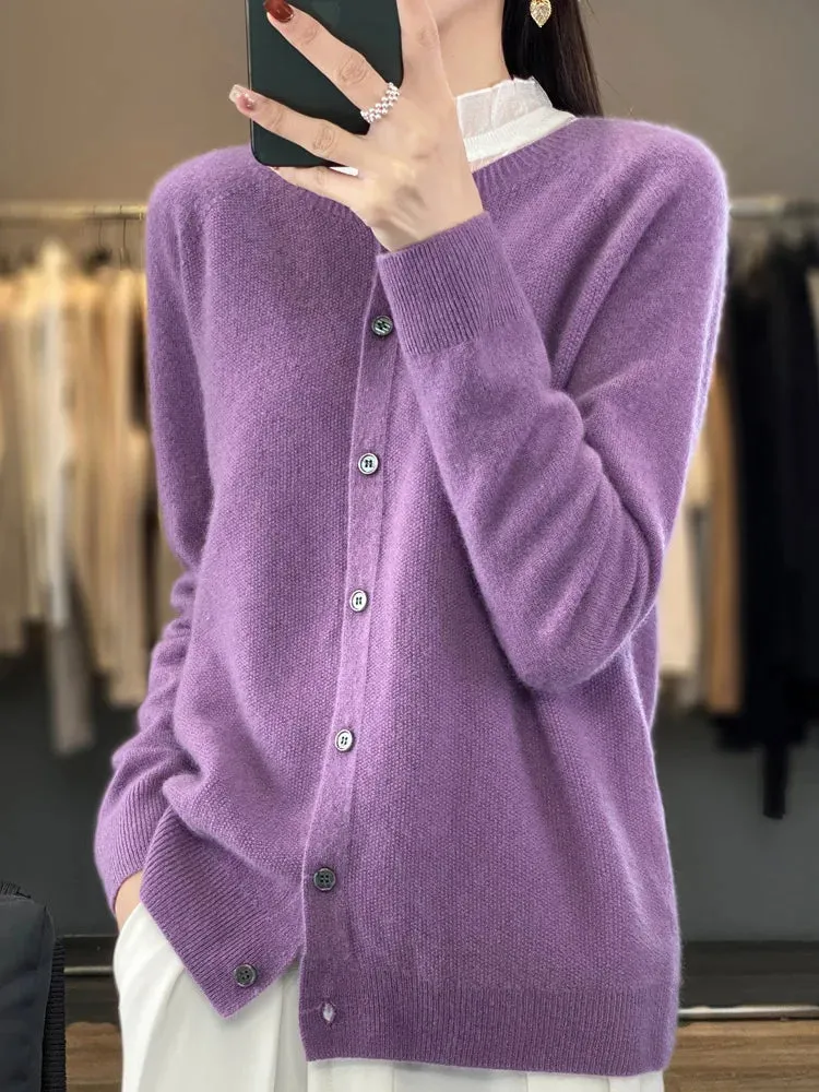 Obsidian Phoenix Women’s 100% Merino Wool Cardigan - O-Neck Cashmere Knit Sweater