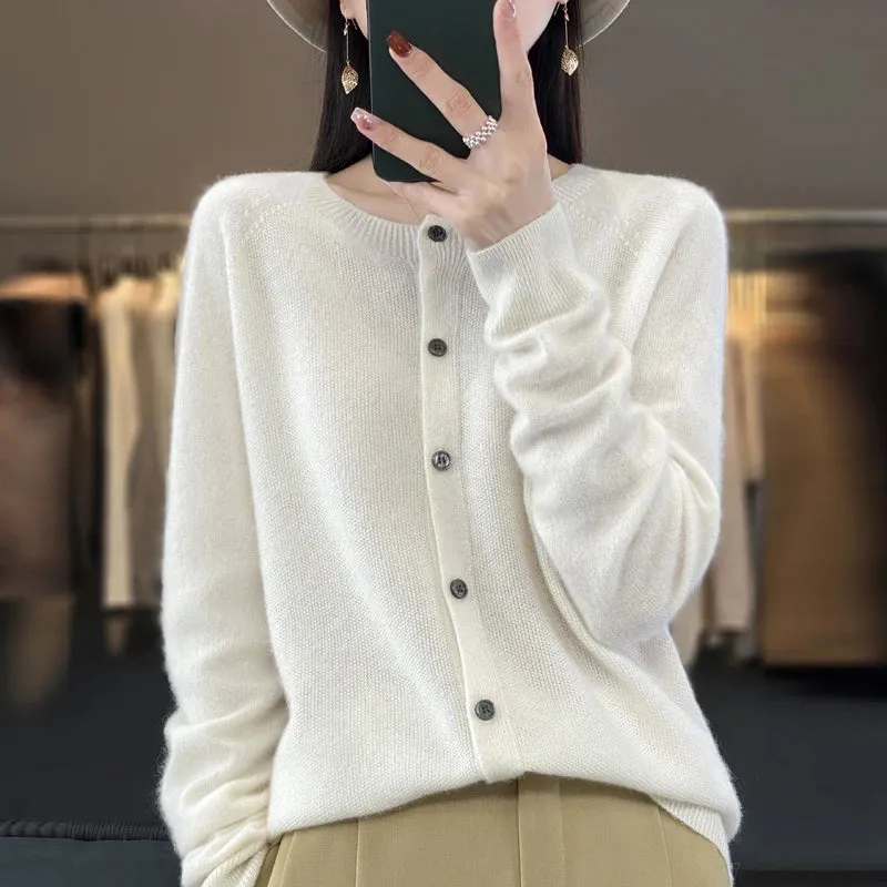 Obsidian Phoenix Women’s 100% Merino Wool Cardigan - O-Neck Cashmere Knit Sweater