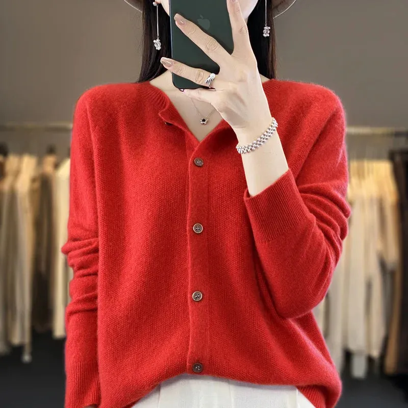 Obsidian Phoenix Women’s 100% Merino Wool Cardigan - O-Neck Cashmere Knit Sweater