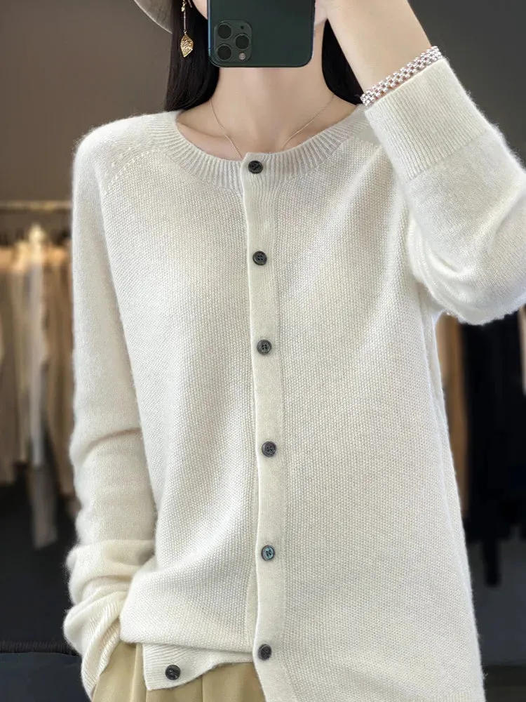 Obsidian Phoenix Women’s 100% Merino Wool Cardigan - O-Neck Cashmere Knit Sweater