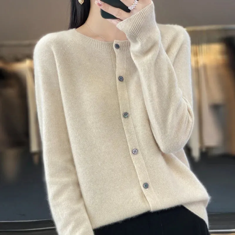 Obsidian Phoenix Women’s 100% Merino Wool Cardigan - O-Neck Cashmere Knit Sweater