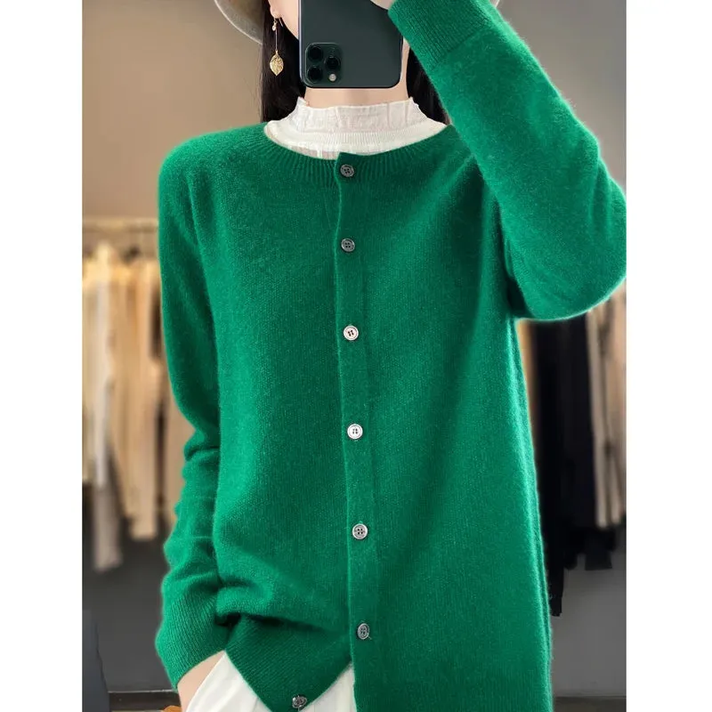 Obsidian Phoenix Women’s 100% Merino Wool Cardigan - O-Neck Cashmere Knit Sweater