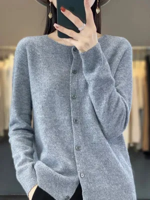 Obsidian Phoenix Women’s 100% Merino Wool Cardigan - O-Neck Cashmere Knit Sweater