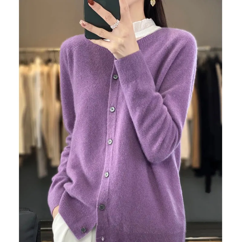 Obsidian Phoenix Women’s 100% Merino Wool Cardigan - O-Neck Cashmere Knit Sweater