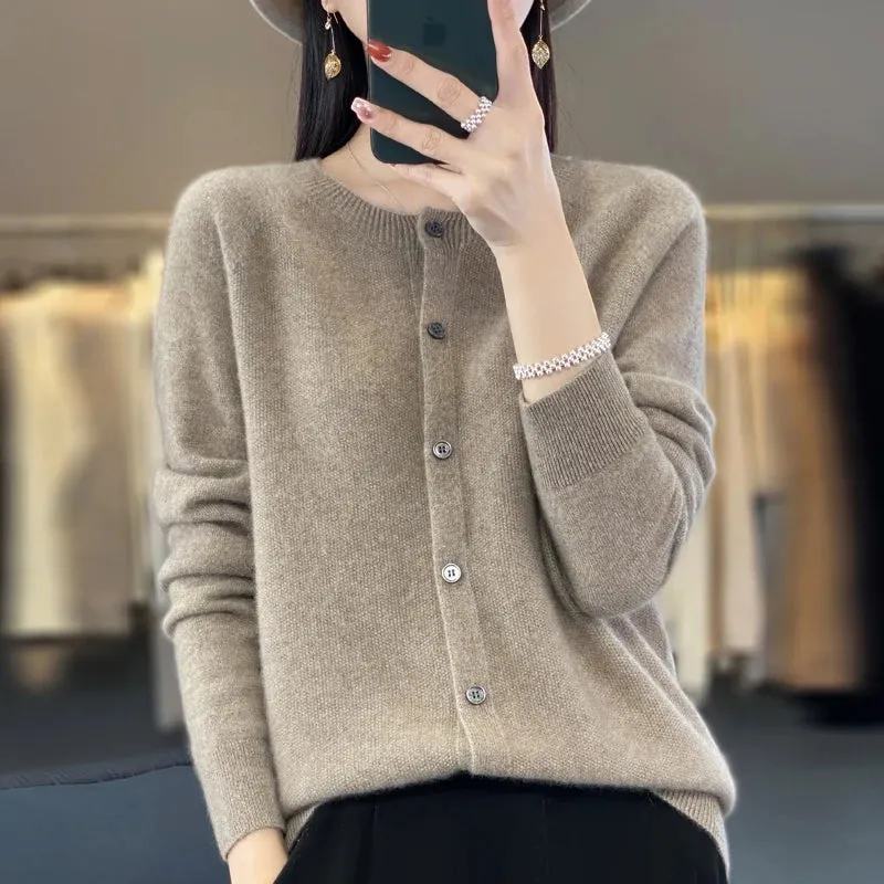 Obsidian Phoenix Women’s 100% Merino Wool Cardigan - O-Neck Cashmere Knit Sweater