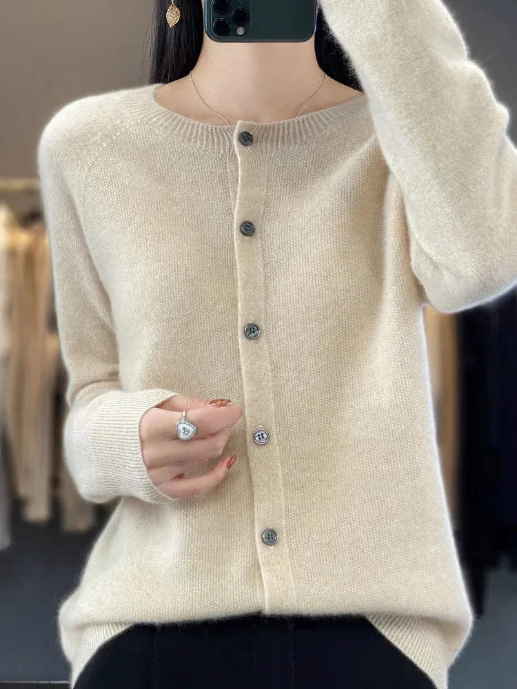 Obsidian Phoenix Women’s 100% Merino Wool Cardigan - O-Neck Cashmere Knit Sweater
