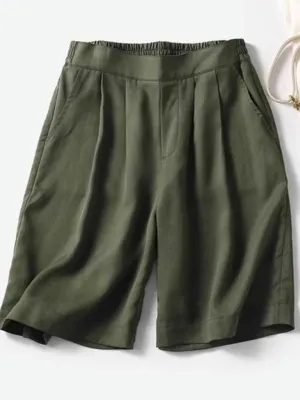 Olive Elasticated Pleated Shorts