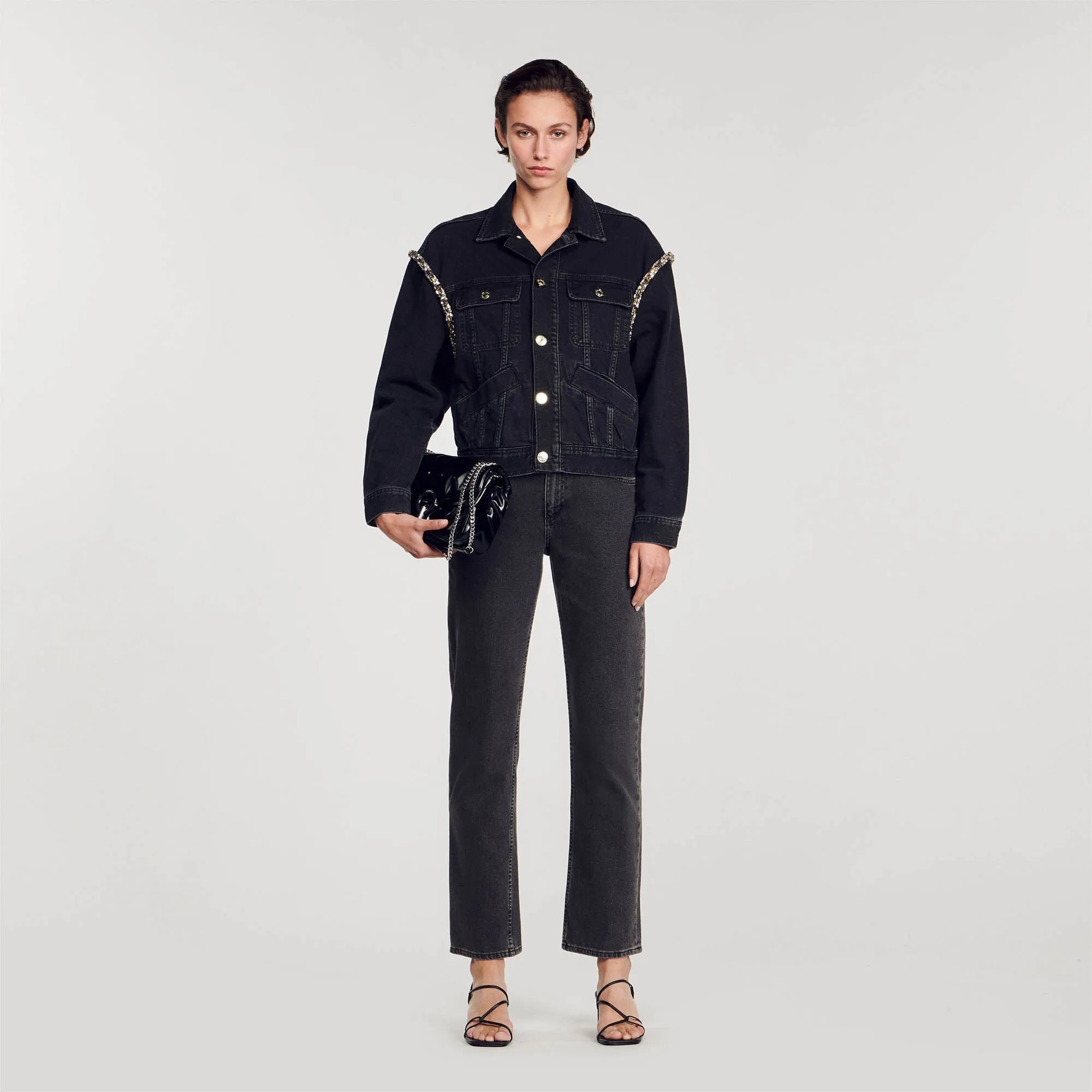 Paloma Oversized Denim Jacket With Rhinestones Black
