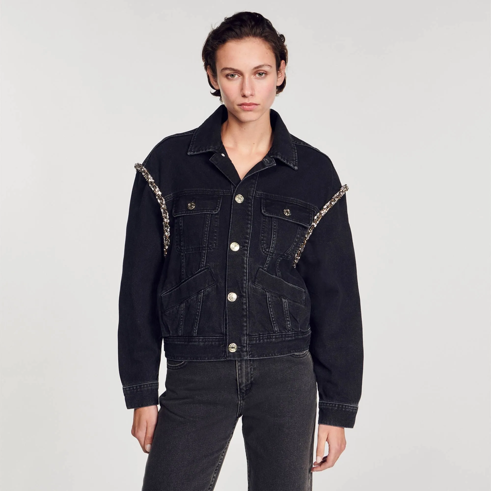 Paloma Oversized Denim Jacket With Rhinestones Black