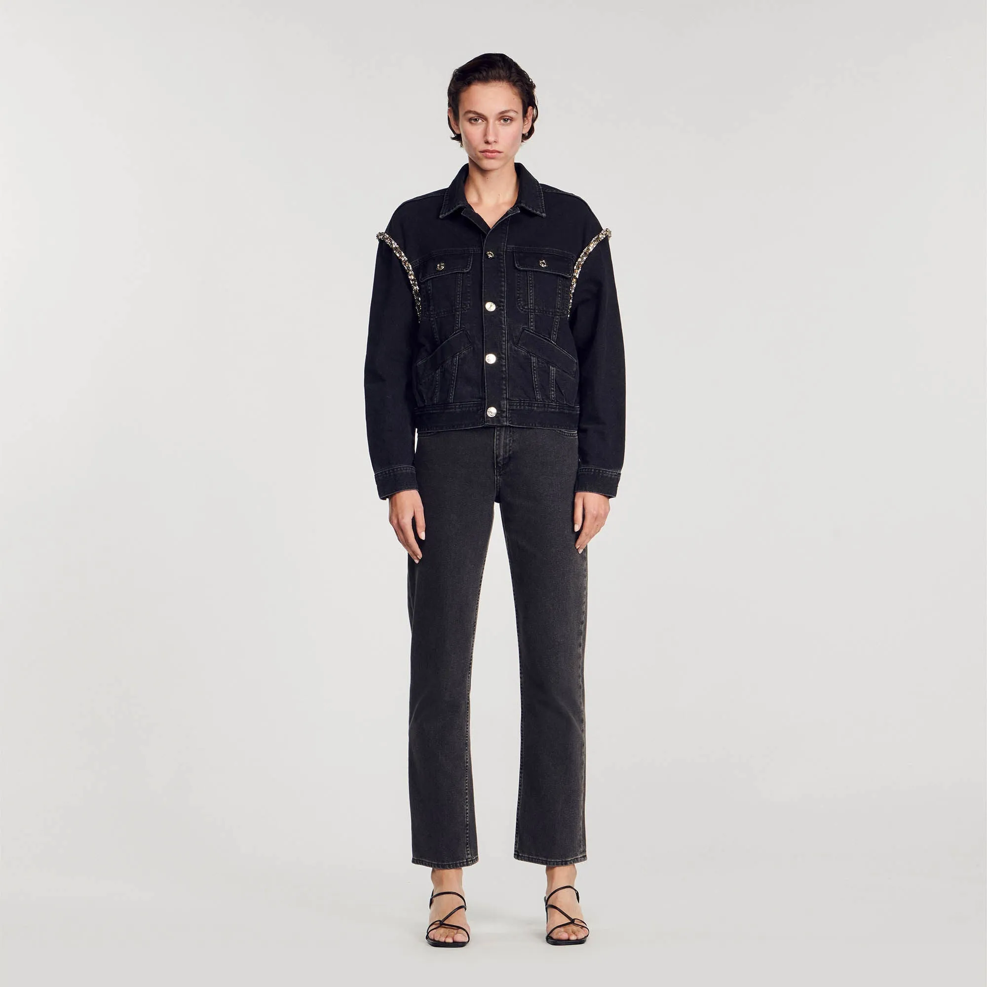 Paloma Oversized Denim Jacket With Rhinestones Black