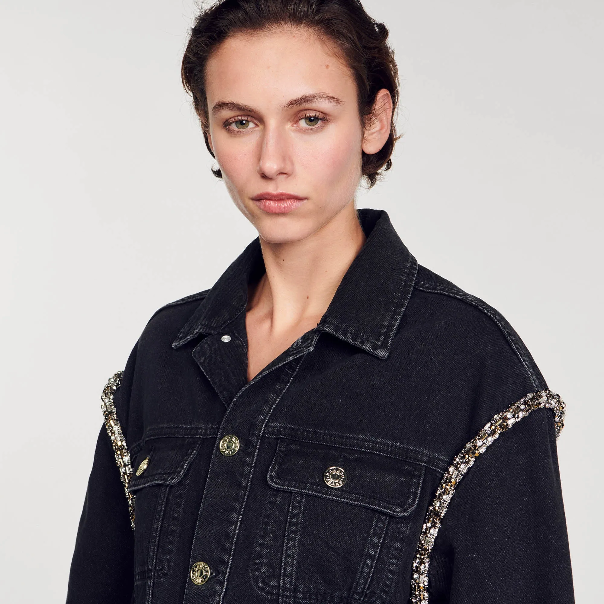 Paloma Oversized Denim Jacket With Rhinestones Black