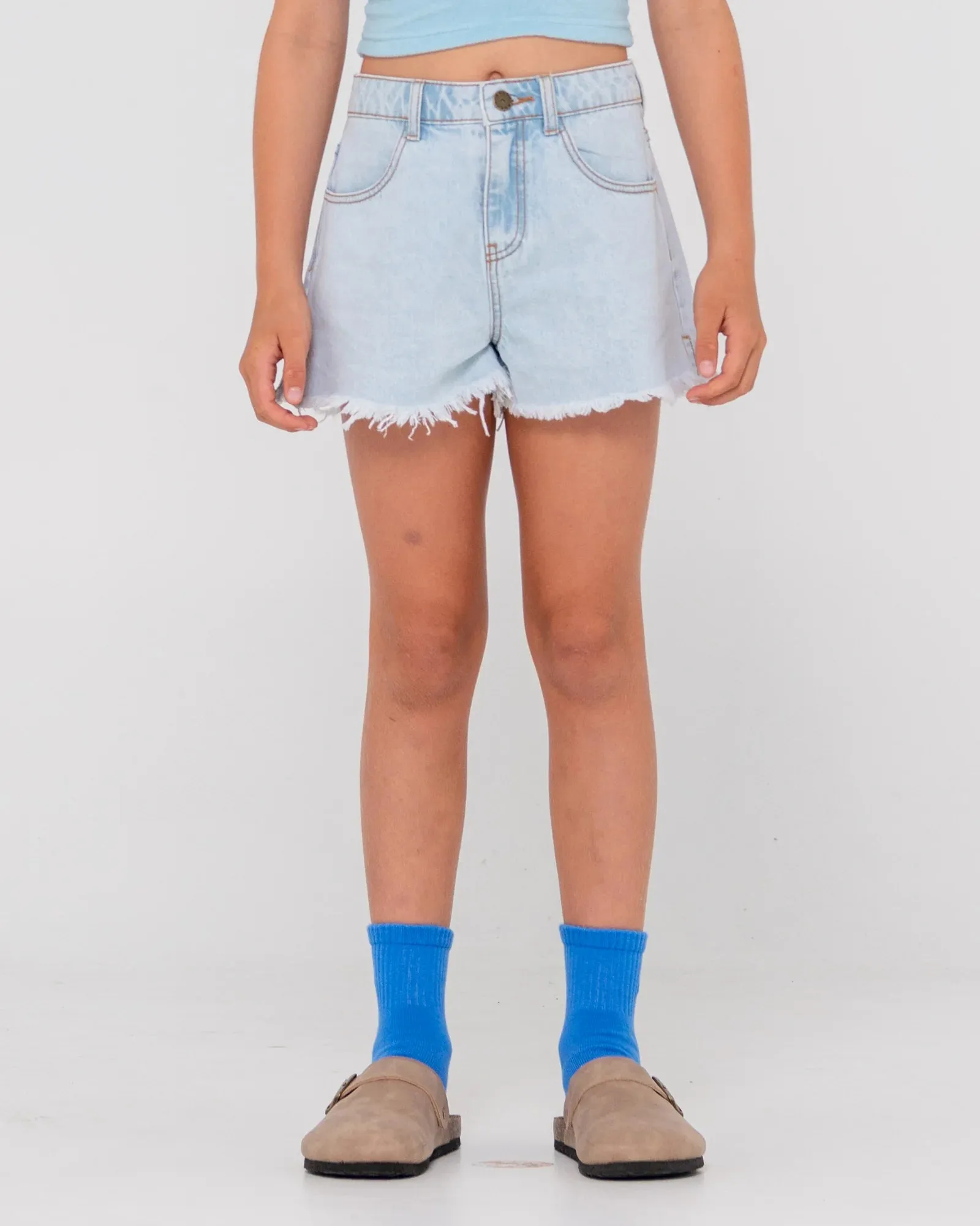 Penny Kick Flare Denim Shorts Girls - Sky Heather