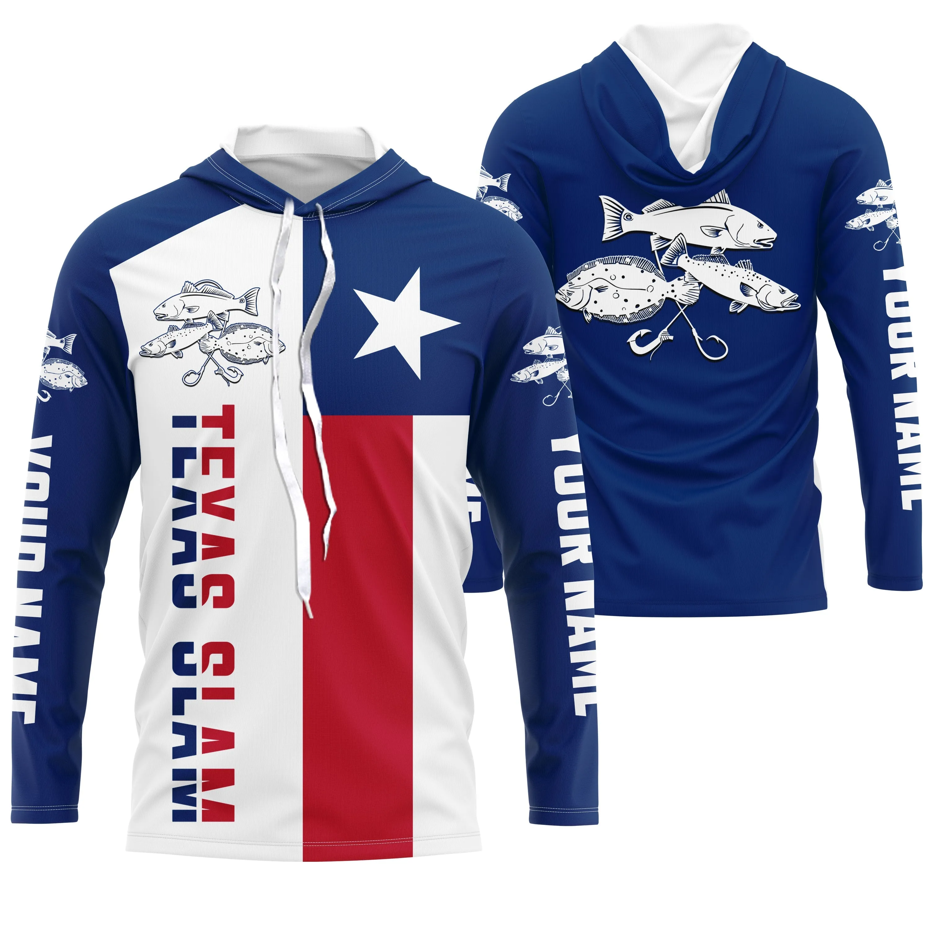 Personalized Texas Flag Fishing Shirts, Redfish Trout Flounder Texas Slam Fishing apparel IPHW2007